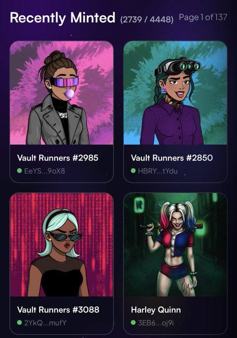 A screenshot of a digital collectible gallery titled 'Recently Minted,' displaying four cartoon-style NFT characters including 'Vault Runners #2985,' 'Vault Runners #2850,' 'Vault Runners #3088,' and 'Harley Quinn.'