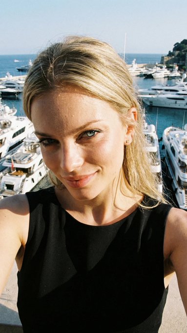 A selfie of a blonde woman in a black top posing in front of a marina filled with yachts.