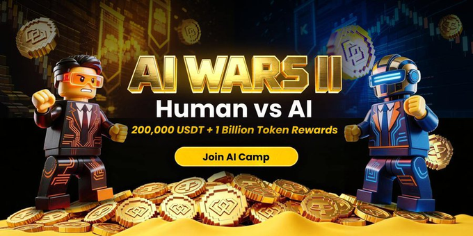 A promotional graphic for 'AI WARS II - Human vs AI' featuring two Lego-like robot figures (one human, one AI) facing each other, with text '200,000 USDT + 1 Billion Token Rewards' and a yellow 'Join AI Camp' button.