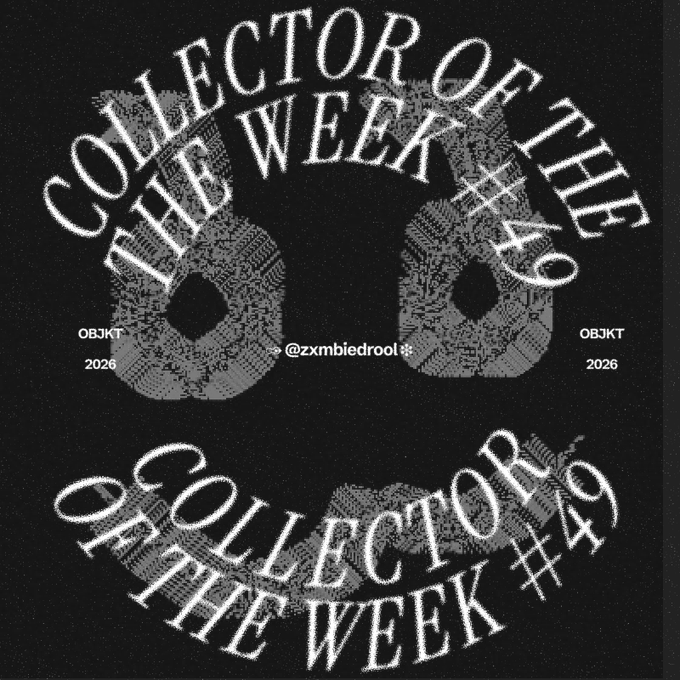 The image features a black background with white text. The title "Collector of the Week #49" is prominently displayed at the top center of the image. Below this, there are two lines of text that read "✦ Collector of the Week #49 | @zxmbiedrool ✦". These lines contain the names of the people involved in the post and their social media handles. The main content of the image is a smiley face with the numbers "86" and "49" written below it, which are likely the numbers associated with the week number.