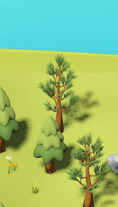 A low-poly 3D rendered scene featuring stylized green pine trees and small flowers on a flat green terrain under a blue sky.