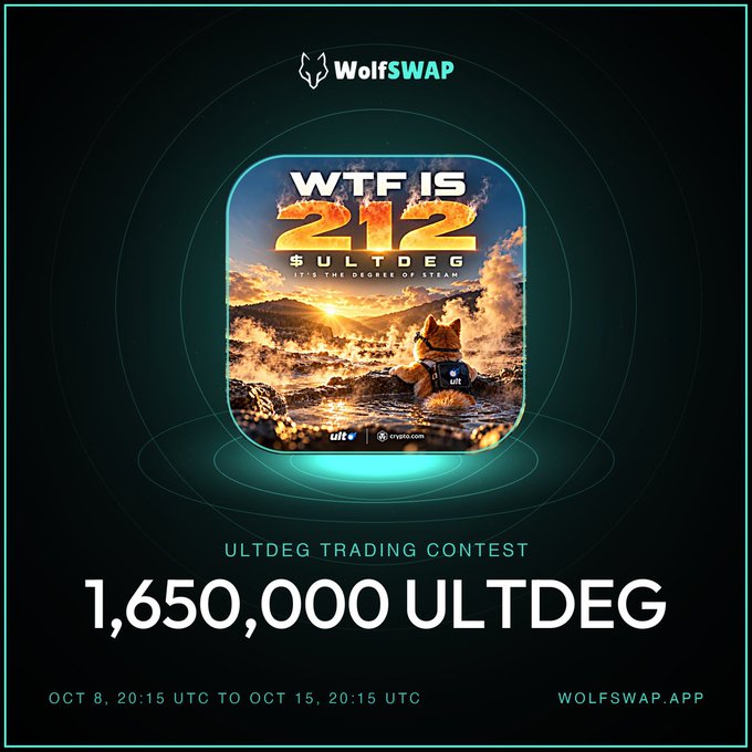 Promotional graphic for the WolfSwap 'WTF IS 212 $ULTDEG' trading contest, featuring a fox character in a sunset landscape and offering a prize pool of 1,650,000 ULTDEG running from October 8 to October 15 UTC.