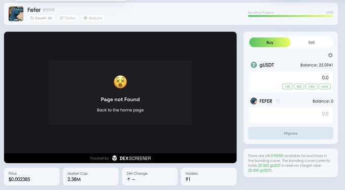 A Fefer ($FEFER) token page showing a 'Page not Found' error on a DEXScreener interface, with bonding curve at 100%, a Buy/Sell panel using gUSDT, and a price of $0.002385 with 2.38M market cap.