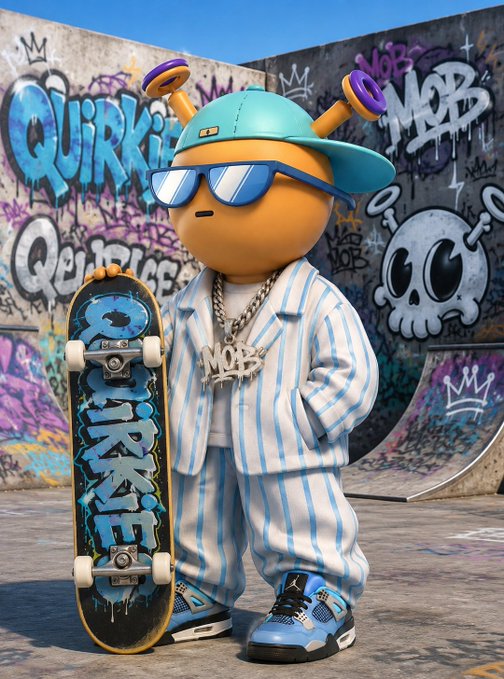 A 3D rendered character with a bean-shaped head, wearing a blue cap, sunglasses, a 'MOB' chain, and a blue striped outfit, holding a skateboard with 'QUIRKEE' graffiti in a skate park.