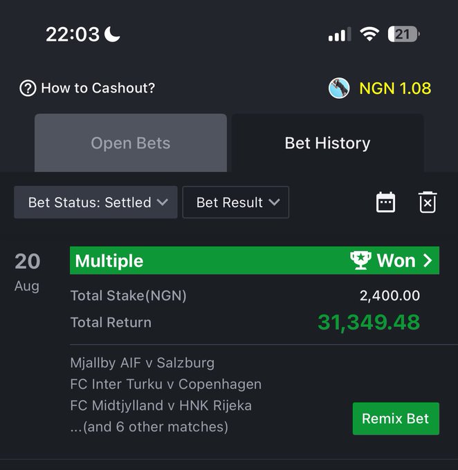 Betting app screenshot showing a winning multiple bet on August 20th with a total stake of 2,400 NGN and a total return of 31,349.48 NGN, including matches like Mjallby AIF v Salzburg and FC Inter Turku v Copenhagen.