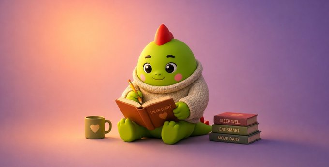 A cute green dinosaur wearing a cream-colored sweater sits writing in a "Dear Diary" notebook beside a stack of books titled "Sleep Well," "Eat Smart," and "Move Daily," with a heart-shaped mug nearby—perfectly illustrating Sleepagotchi's reminder that healthy nighttime habits build a stronger "dino" for tomorrow.
