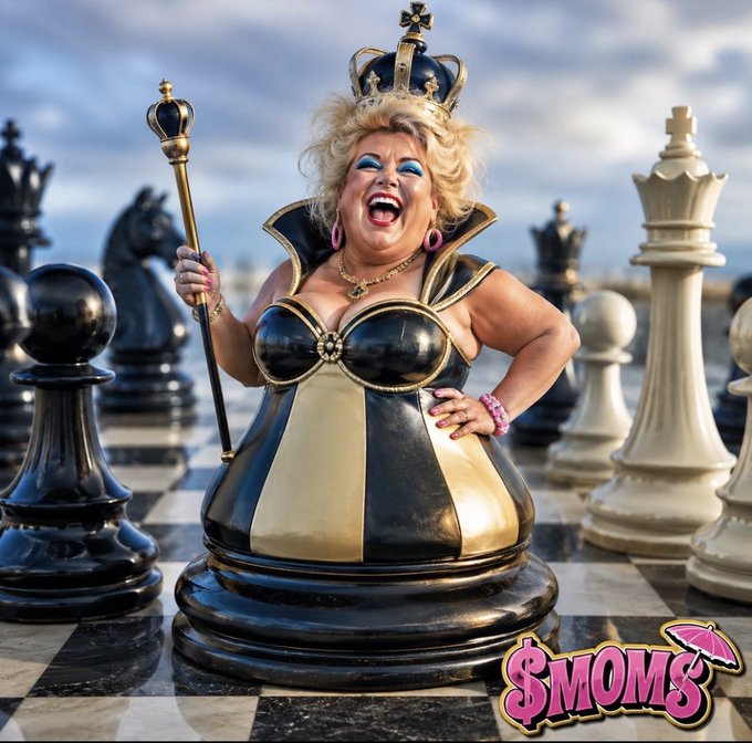 A humorous image of a person dressed as a black and gold chess queen piece with a crown and scepter, set on a chessboard with other oversized pieces, branded with '$MOMS' and an umbrella logo in the corner.