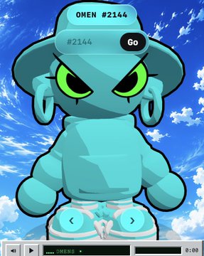 An animated teal character wearing a bucket hat labeled "OMEN #2144" with a "Go" button on the hat.