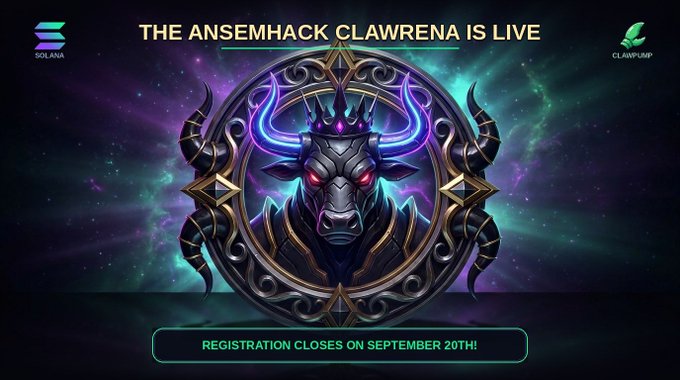 A promotional graphic for the AnsemHack Clawrena hackathon, featuring an ornate circular emblem with a glowing-horned bull avatar against a cosmic purple-teal nebula background, with "THE ANSEMHACK CLAWRENA IS LIVE" at the top, a Solana logo in the upper-left, a ClaweUp logo in the upper-right, and a banner reading "REGISTRATION CLOSES ON SEPTEMBER 20TH!" at the bottom.