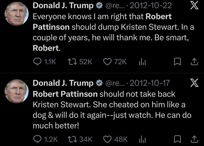 The image displays two tweets from Donald J. Trump in 2012, giving advice to Robert Pattinson about his relationship with Kristen Stewart. These are presented as "real tweets" in the accompanying post.