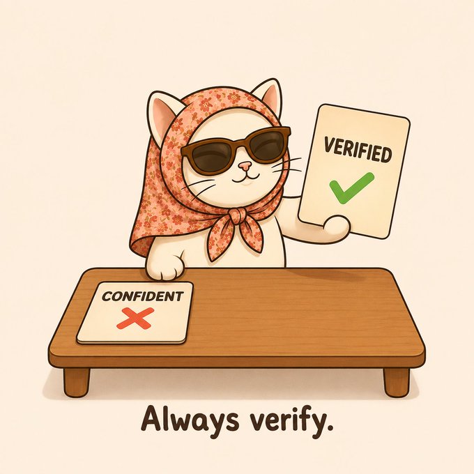A cartoon cat wearing a floral headscarf and sunglasses holding a 'VERIFIED' sign with a green checkmark, sitting at a table with a 'CONFIDENT' sign crossed out, captioned 'Always verify.'