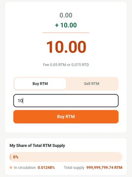 A mobile app screen showing RTM token purchase interface with 10.00 amount, Buy RTM button, and supply information showing 0.01248% in circulation out of 999,999,799.74 RTM total supply.