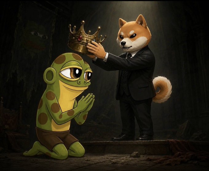 The image shows a cartoon Shiba Inu dog (Doge) in a black suit placing a golden jeweled crown atop the head of a kneeling green frog character ($HOPPY) in a dramatic, dark setting with light rays beaming down. This visual representation of crowning/elevating the frog depicts the post's celebration of $HOPPY delivering an 8x gain, with the Doge character symbolically bestowing victory and triumph upon the meme coin.