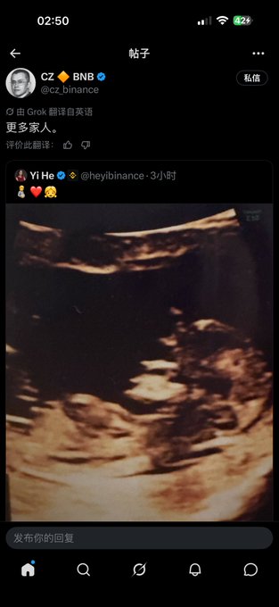 A mobile screenshot of an X (Twitter) post by CZ Binance (@cz_binance) quoting Yi He of @heyibinance, featuring an ultrasound image and Chinese text translating to 'More family members.'