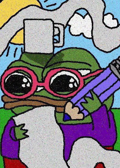 A cartoon frog wearing pink sunglasses and a purple shirt chills with a "GM" (Good Morning) energy, holding what appears to be a purple cigar or weapon, set against a vibrant sky background. The pixelated, meme-style art perfectly matches the laid-back "gm" crypto community greeting.