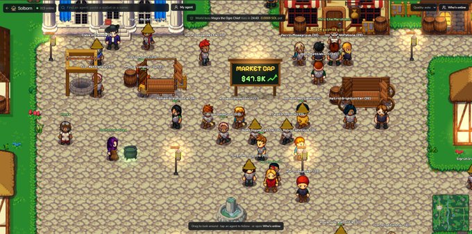 A pixel-art game scene showing various player characters gathered in a town square with a 'MARKET CAP $41.8K' sign and a nearby well.