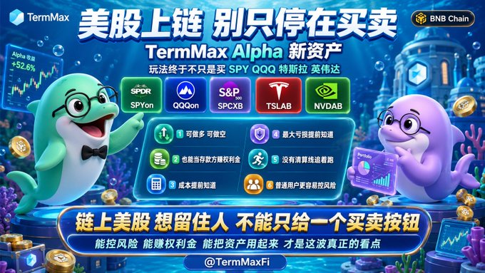A vibrant promotional graphic for TermMax Alpha's new on-chain US stock assets on BNB Chain, featuring cartoon dolphins and listing tickers like SPYon (SPDR), QQCon, SPCXB (S&P), TSLAB (Tesla), and NVDAB (Nvidia) alongside key features such as "可能多可做空" (long/short), "最高9倍提前购回" (up to 9x early buyback), and "也能当存款赚权利金" (earn premium like deposits). The image visually supports the post's message that on-chain US stocks need richer gameplay mechanics—beyond just buying—to truly engage users.