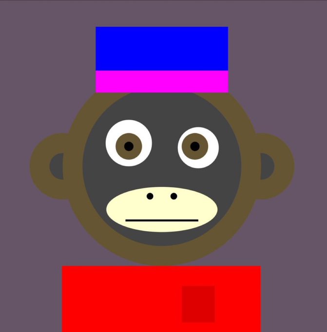 A cartoon monkey character with large eyes, wearing a purple and pink hat and a red shirt against a purple background.