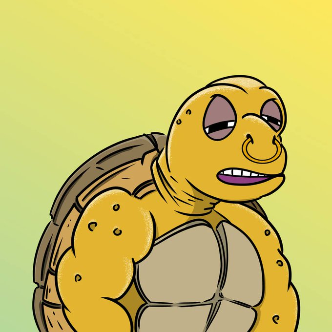 A cartoon illustration of a muscular anthropomorphic turtle with a smug expression, standing against a gradient yellow-green background.