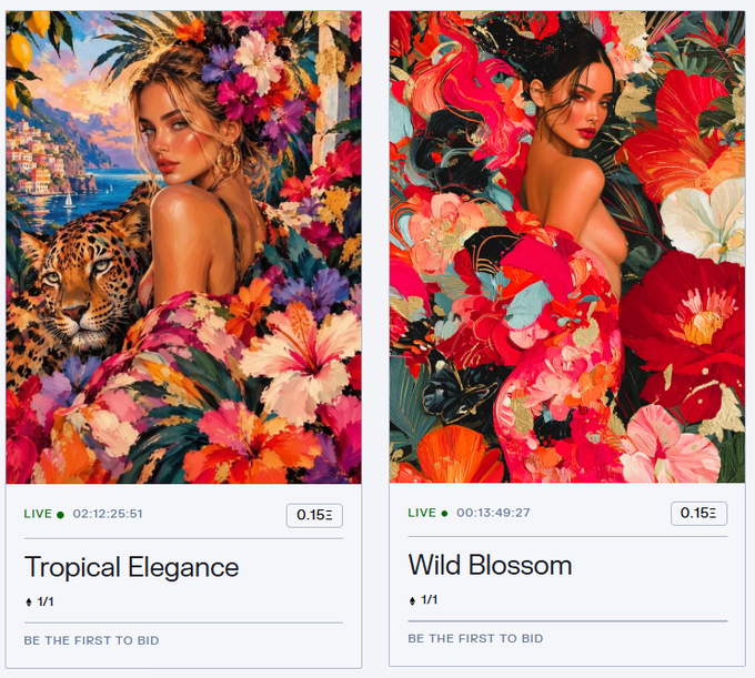 Two digital art listings displayed side by side — 'Tropical Elegance' featuring a woman with a jaguar among flowers, and 'Wild Blossom' featuring a woman surrounded by red flowers and black panthers — both live auctions starting at 0.15 ETH.