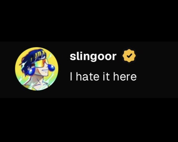 A Discord-style profile for user 'slingoor' featuring an anime avatar with headphones, displaying the status message 'I hate it here' on a black background.