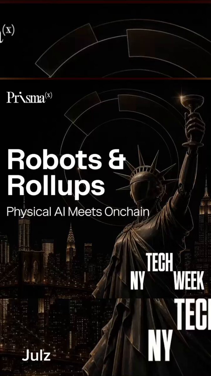 The image features a poster with a statue of liberty holding up a torch, surrounded by buildings at night. The text on the poster reads "Robots & Rollups Physical All Meet Onchain" and "Tech My Week". The poster also includes an invitation for a happy hour event that combines robotics, physical AI, and crypto building.