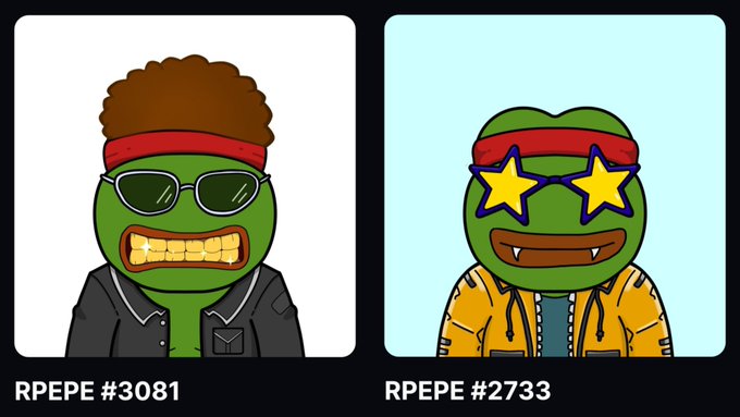Two Pepe the Frog NFT characters displayed side by side: 'RPEPE #3081' showing a Pepe with an afro, red headband, sunglasses, gold grill, and black jacket, and 'RPEPE #2733' showing a Pepe with a red headband, star-shaped sunglasses, and a yellow jacket.