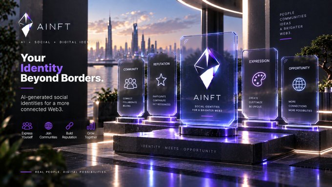 A promotional graphic for AINFT titled 'Your Identity Beyond Borders,' featuring glowing purple holographic cards representing Community, Reputation, AINFT, Expression, and Opportunity, with the tagline 'AI × SOCIAL × DIGITAL ID' and 'IDENTITY MEETS OPPORTUNITY' against a sunset city skyline.