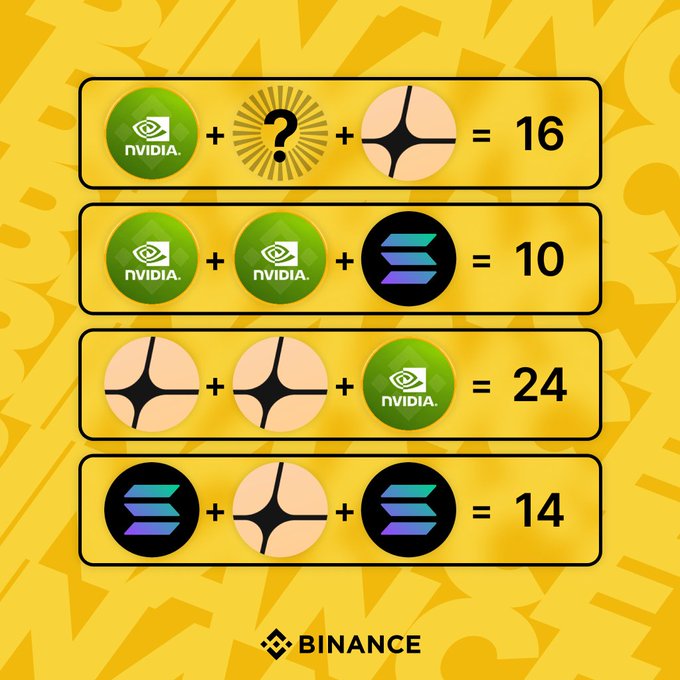 A math puzzle image featuring four equations with crypto token logos—NVIDIA, a sunburst icon (❓), and Solana—where viewers must solve for the unknown symbol to equal 16, with equations showing NVIDIA+❓+Solana=16, NVIDIA+NVIDIA+Solana=10, Solana+Solana+NVIDIA=24, and Solana+Solana+Solana=14, branded with Binance at the bottom.