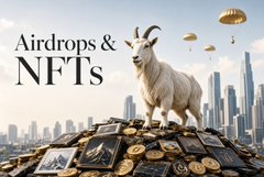 A digital graphic for cryptocurrency showing a white goat standing on a pile of gold coins, with the text 'Airdrops & NFTs' and parachutes falling over a city skyline.