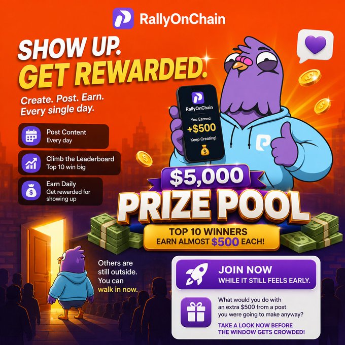 The image features a cartoon bird holding a cell phone, with text that reads "Show Up. Get rewarded. Create. Post. Earn. Share. Every single day." The bird appears to be promoting an online game called Prize Pool, which is designed for people to win money by completing various tasks or challenges in the game. The image also includes a list of prizes and rewards available on the platform, as well as a description of how users can participate in the game.