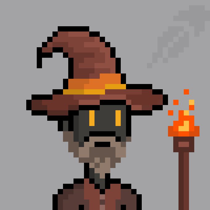A pixel art wizard with a glowing staff stands beside a burning torch, matching the mystical "Wezards" theme of the mint announcement for the OpenSea collection.