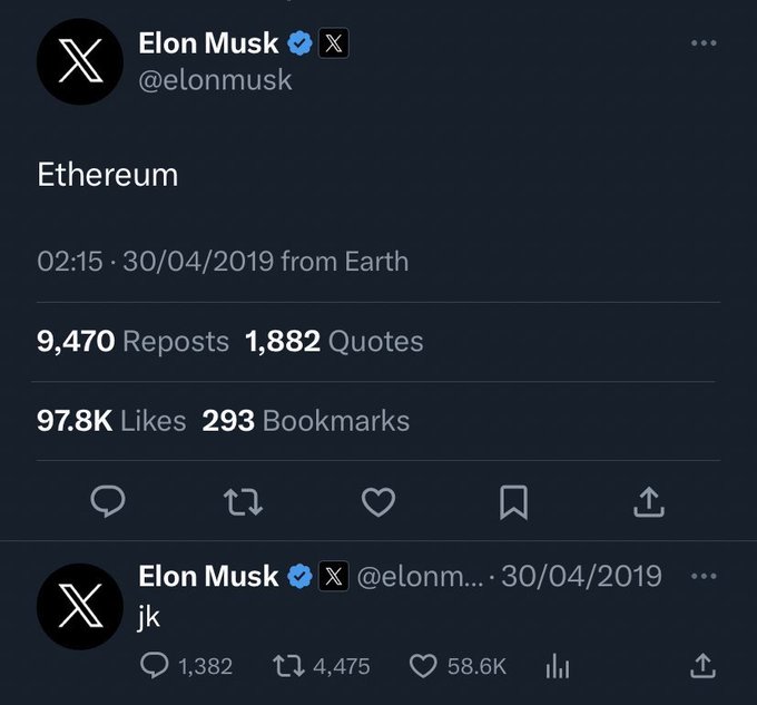 A screenshot of two posts from Elon Musk's verified X (formerly Twitter) account, the top one simply reading 'Ethereum' dated 30/04/2019 with 97.8K likes, and a follow-up reply that just says 'jk'.