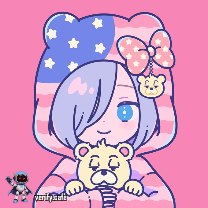 A cute kawaii-style illustration by verity.cafe featuring a girl with purple hair and blue eyes wearing a star-patterned bear hoodie with a bear charm, hugging a teddy bear against a pink background.