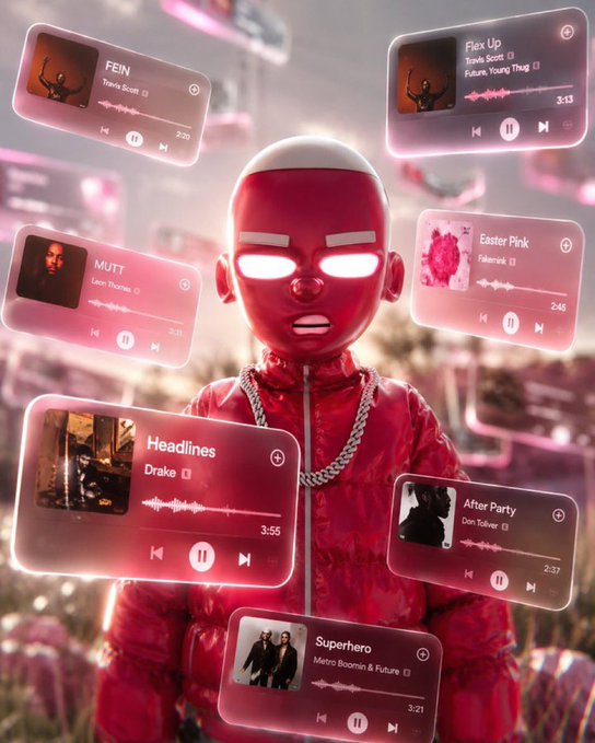 A red 3D-rendered figure with glowing white eyes wearing a chain necklace and puffer jacket, surrounded by floating Spotify music player widgets displaying songs including "FEIN" by Travis Scott, "Flex Up" by Future & Young Thug, "MUTT" by Leon Thomas, "Easter Pink" by Fakenard, "Headlines" by Drake, "After Party" by Don Toliver, and "Superhero" by Metro Boomin & Future.
