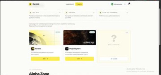 A screenshot of a website dashboard showing project cards and an 'Alpha Zone' section at the bottom, with an 'Activate Windows' watermark in the lower right.