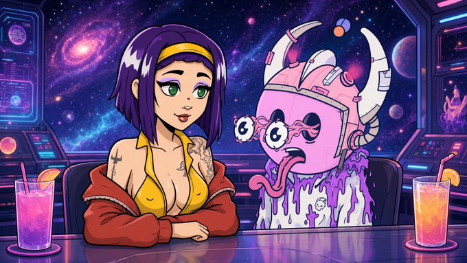 An anime-style illustration showing a purple-haired woman in a yellow top and red jacket sitting at a bar next to a pink, horned creature with bulging eyes, with cosmic space visible through the windows behind them.