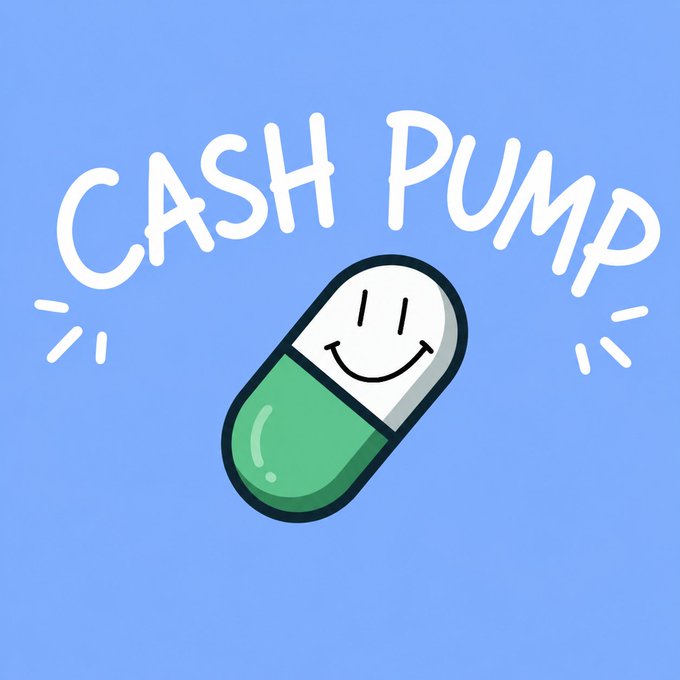 A cartoon graphic on a blue background featuring a green and white pill with a smiley face, labeled 'CASH PUMP'.