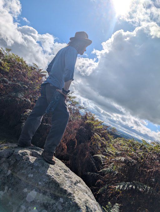 A young man wearing a fedora and blue shirt stands on a rocky outcrop looking down, holding a bottle, with bracken ferns and a dramatic cloudy sky behind him.