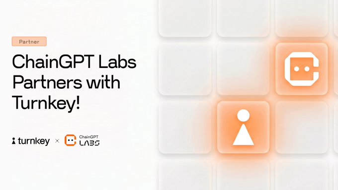 A promotional graphic announcing 'ChainGPT Labs Partners with Turnkey!' featuring the Turnkey and ChainGPT Labs logos on an orange-themed background.