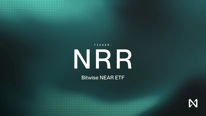 A promotional graphic on a dark teal background announcing the 'NRR' ticker symbol for the 'Bitwise NEAR ETF' with an 'N' logo in the bottom right corner.