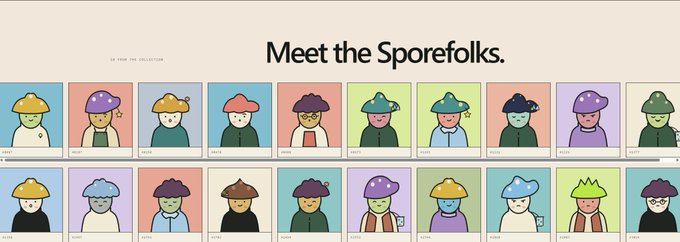 A promotional graphic titled 'Meet the Sporefolks.' showing two rows of cartoon characters, each wearing a different colored mushroom hat.