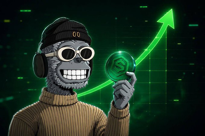 A cartoon-style illustration of an anthropomorphic monkey wearing a beanie, sunglasses, and headphones, holding a coin with an upward green arrow indicating price growth.
