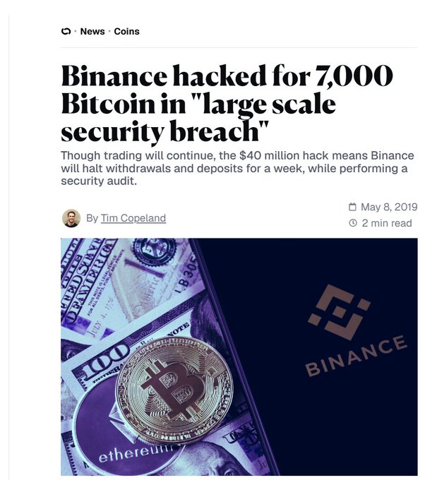 A news article headline reading 'Binance hacked for 7,000 Bitcoin in "large scale security breach"' by Tim Copeland, dated May 8, 2019, with an image showing US currency, the Binance logo, and cryptocurrency coins.