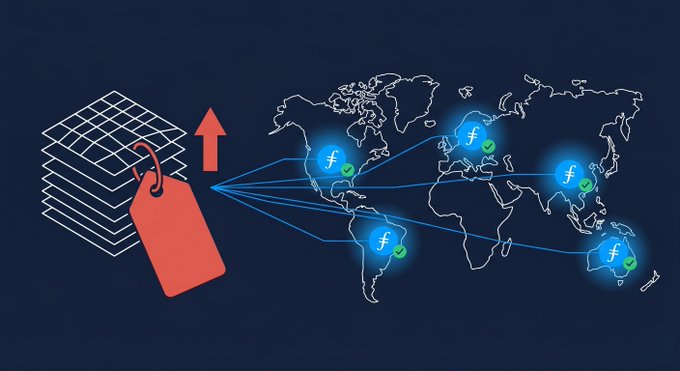 The image depicts a digital illustration that shows several businesses worldwide interconnected through technology, possibly representing a network diagram or map with different countries represented by lines. A prominent element within this drawing includes an "I" in the top left corner, which might be interpreted as an arrow pointing upwards, and it is connected to several other countries' locations across the world.

The image also incorporates elements of technology such as cloud storage, digital illustration or map, network diagram, and filecoin. The caption provided after the image highlights how filecoin can efficiently handle large amounts of data and offers storage for businesses at a competitive price.