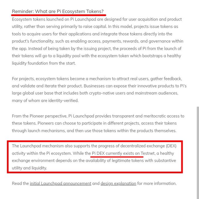The image shows an open webpage with text that reads "Remember: What Are ecosystem tokens? Ecosystem tokens launched on Pi Launchpad are designed for utility, rather than serving primarily as a raise capital model. This means that users can use these tokens to access real-world products and services from the platform." The post is about ecosystem tokens and their purpose in attracting users to specific projects or applications.