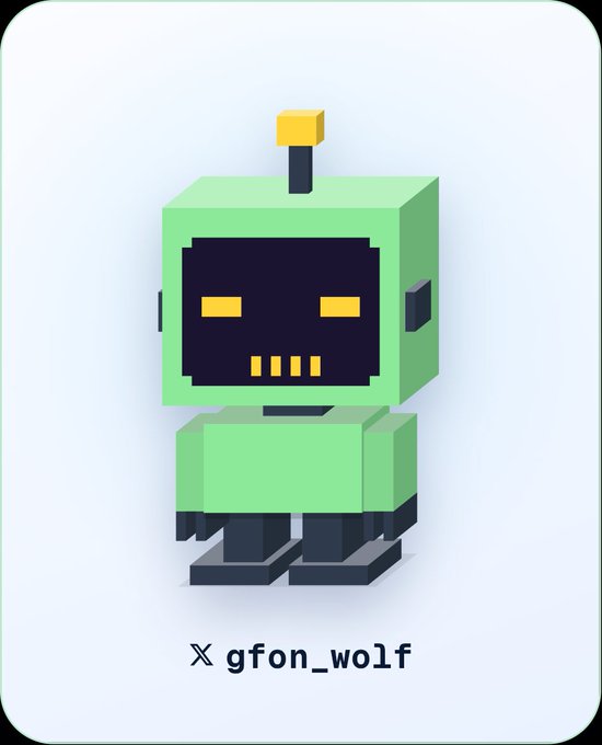 A green pixel-art robot character with yellow eyes and a small antenna, with the text 'X gfon_wolf' at the bottom.