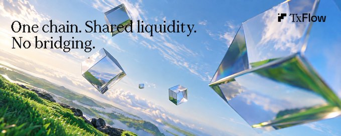 An advertisement banner for TxFlow with the text 'One chain. Shared liquidity. No bridging.' against a sky and landscape background with floating crystal cubes.