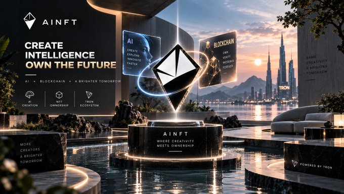 A promotional banner for AINFT by TRON, featuring the tagline 'CREATE INTELLIGENCE OWN THE FUTURE' and highlighting AI creation, NFT ownership, and the TRON ecosystem against a futuristic cityscape.