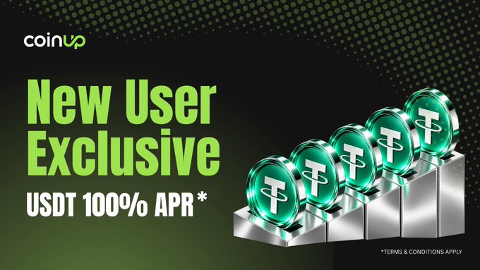 A promotional advertisement for coinup exchange offering 'New User Exclusive USDT 100% APR*' with green stacked coin graphics and terms and conditions apply disclaimer.